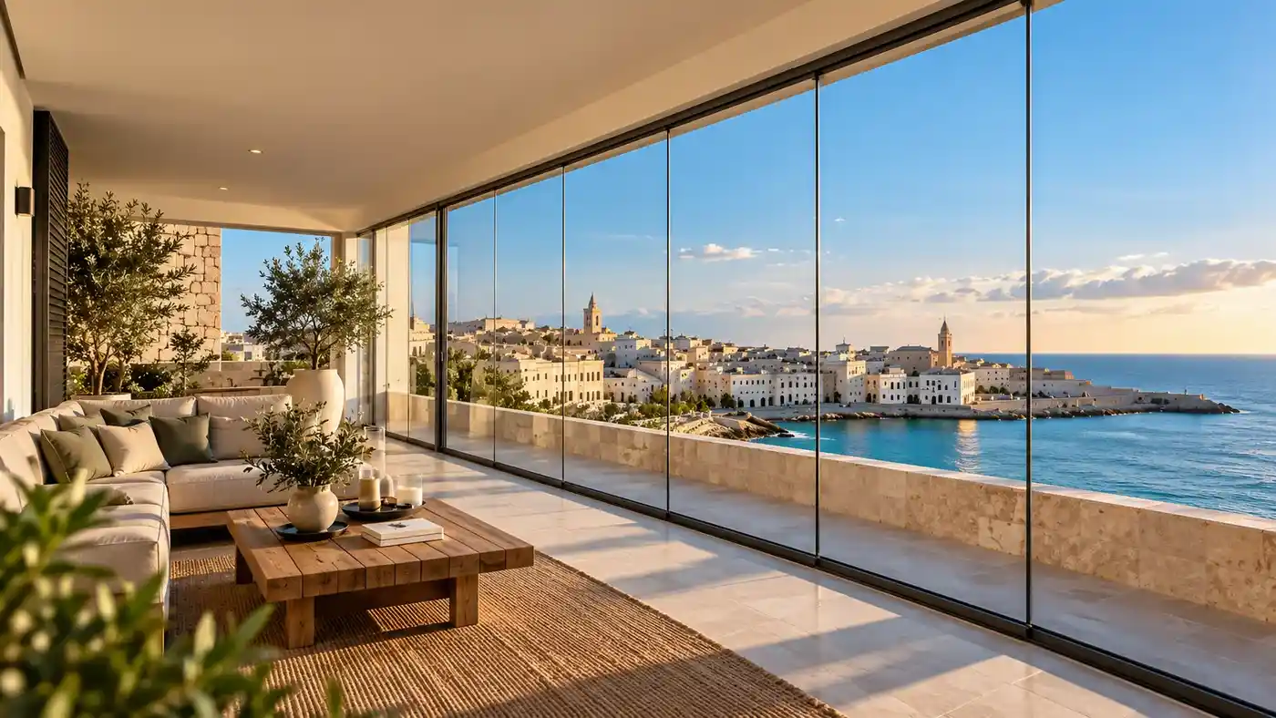 Terrazza contemporanea con vetrate panoramiche e vista su un borgo costiero pugliese